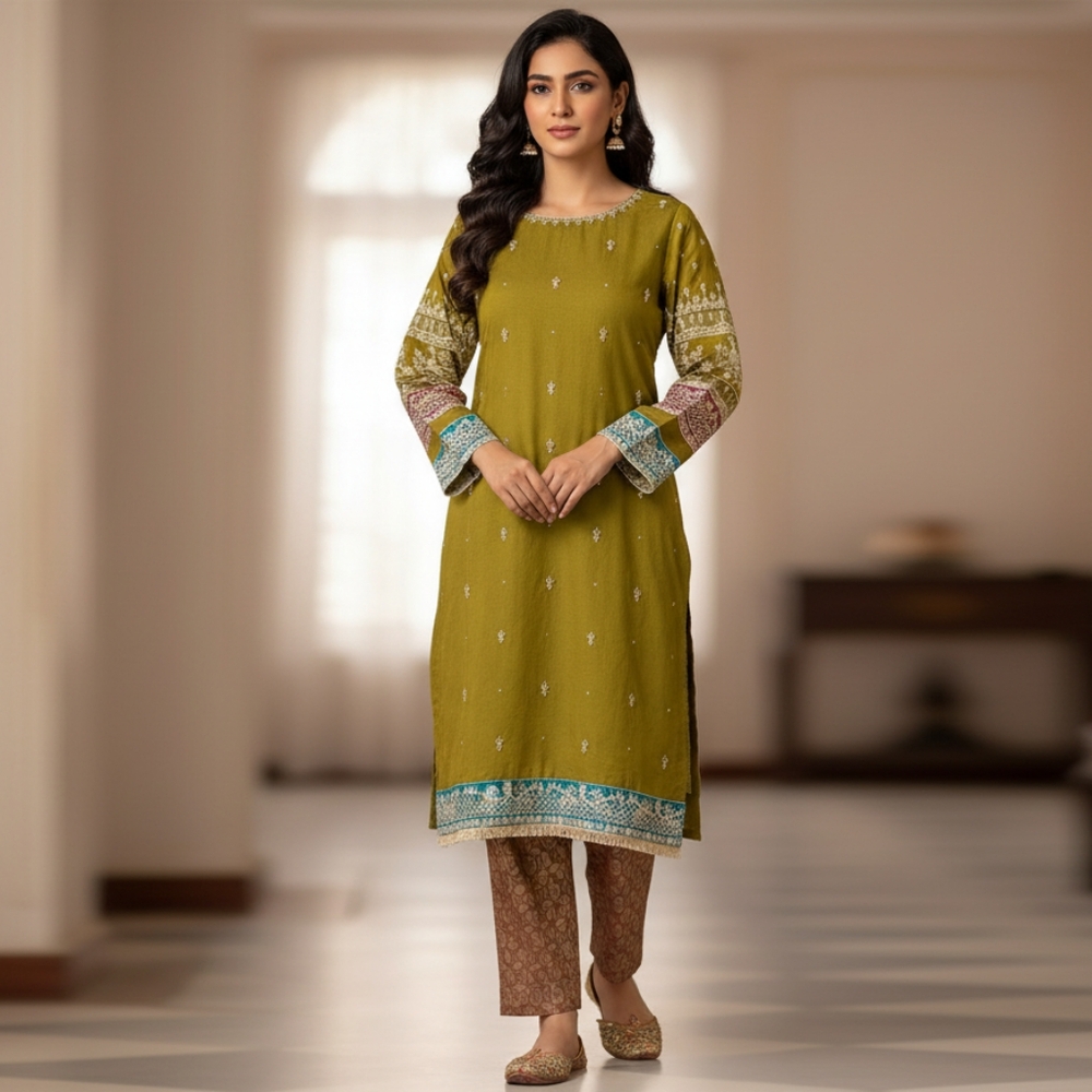Pakistani Indian Womens 2-Piece Embroidered Kurta Trouser Set, Size Large